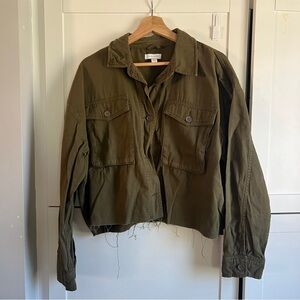 TopShop Cropped Military Green Jacket Long Sleeve Raw Hem Oversized Size Large